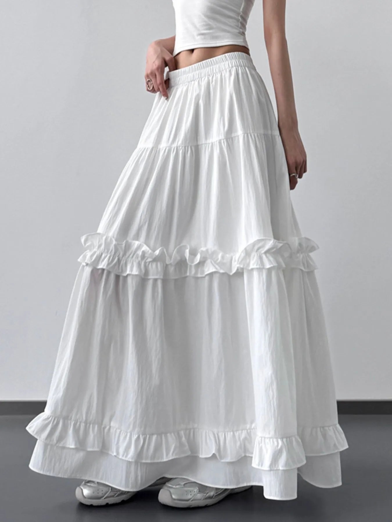 Elastic Waist Ruffle Maxi Skirt