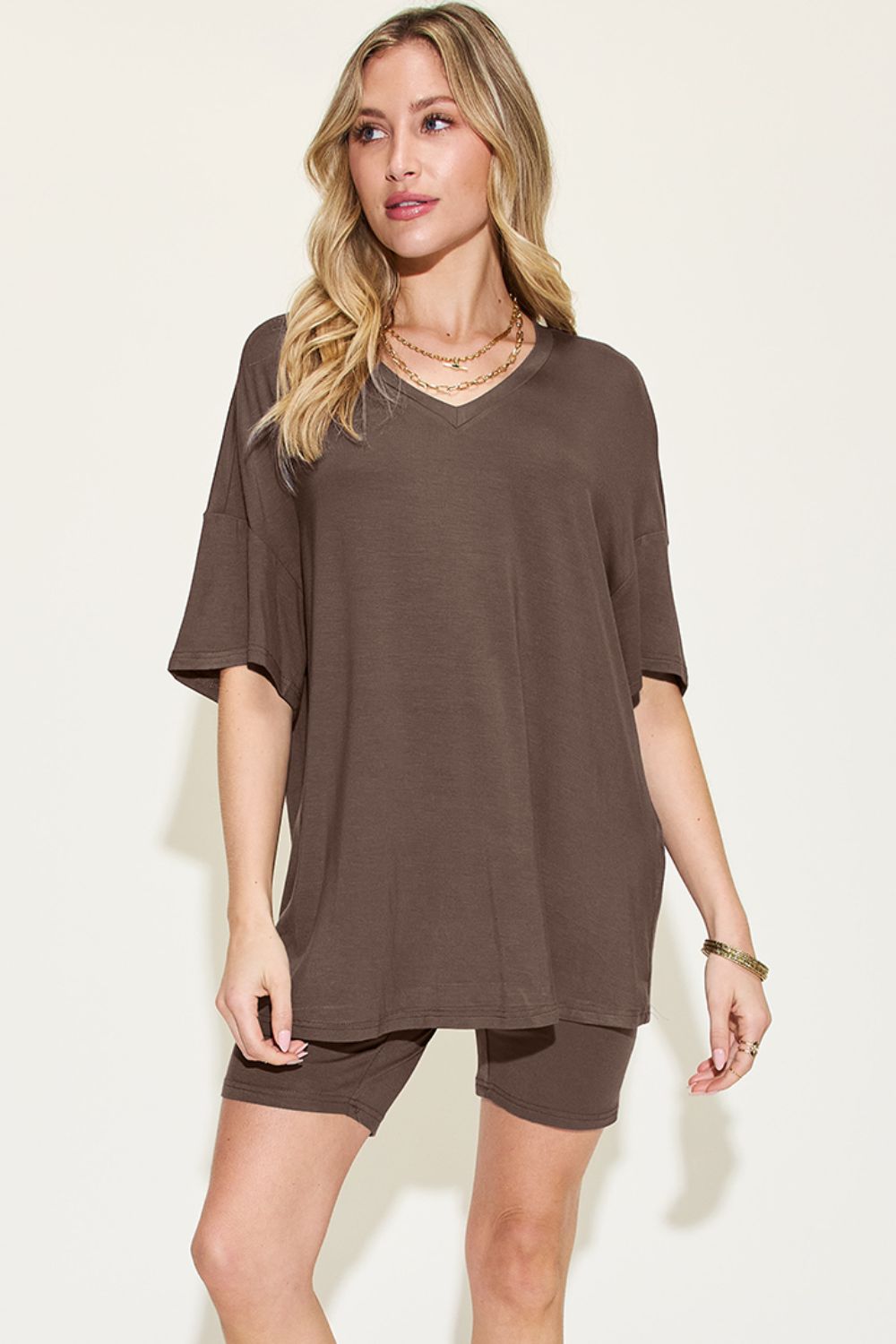 Relaxed Fit Rayon V-Neck Tee & Shorts Set