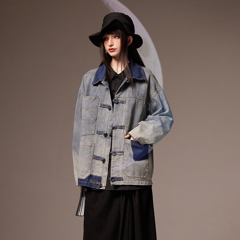 Vintage Chinese Style Loose Denim Jacket for Women