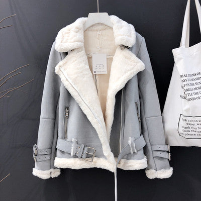 Lamb Wool Jacket, Thick Suede Leather Motorcycle Coat