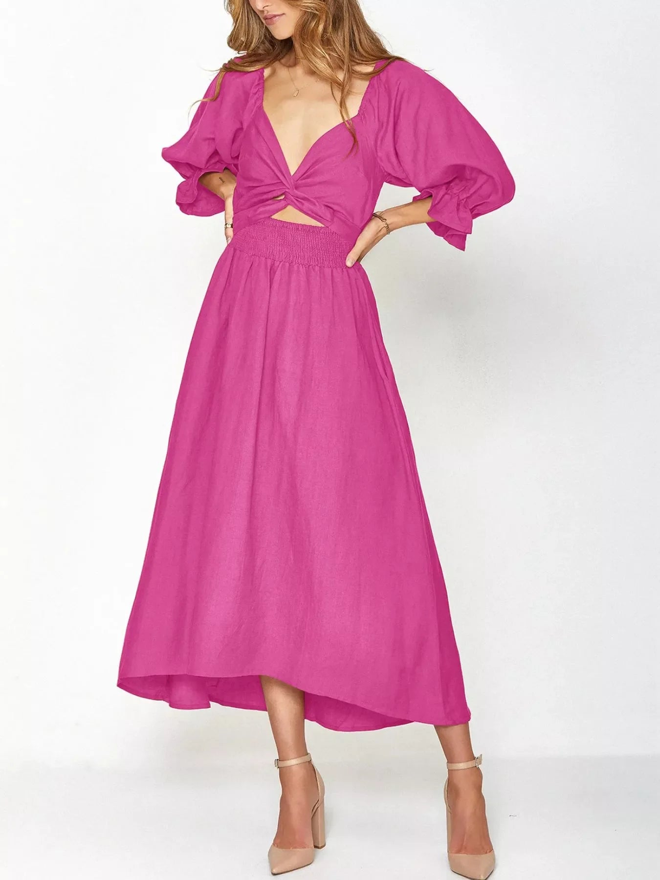 Smocked Puff Sleeves Midi Dress