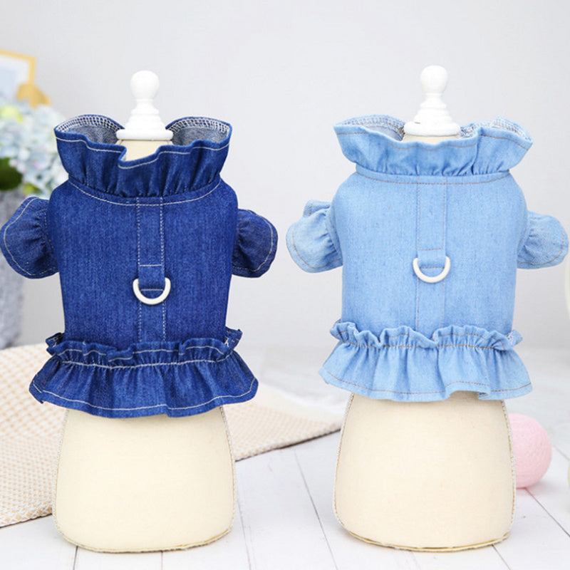 Pets Jeans Dress Apparel Dog Ruffles Vest Pet Harness Denim Dress Puppy Blue Jeans Clothes Cat Dogs Leash Hook Chest Back Dress
