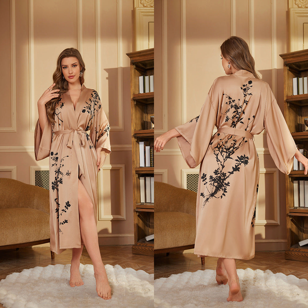 Satin Womens Nightgown Long Bathrobe Long Sleeve Sleepwear