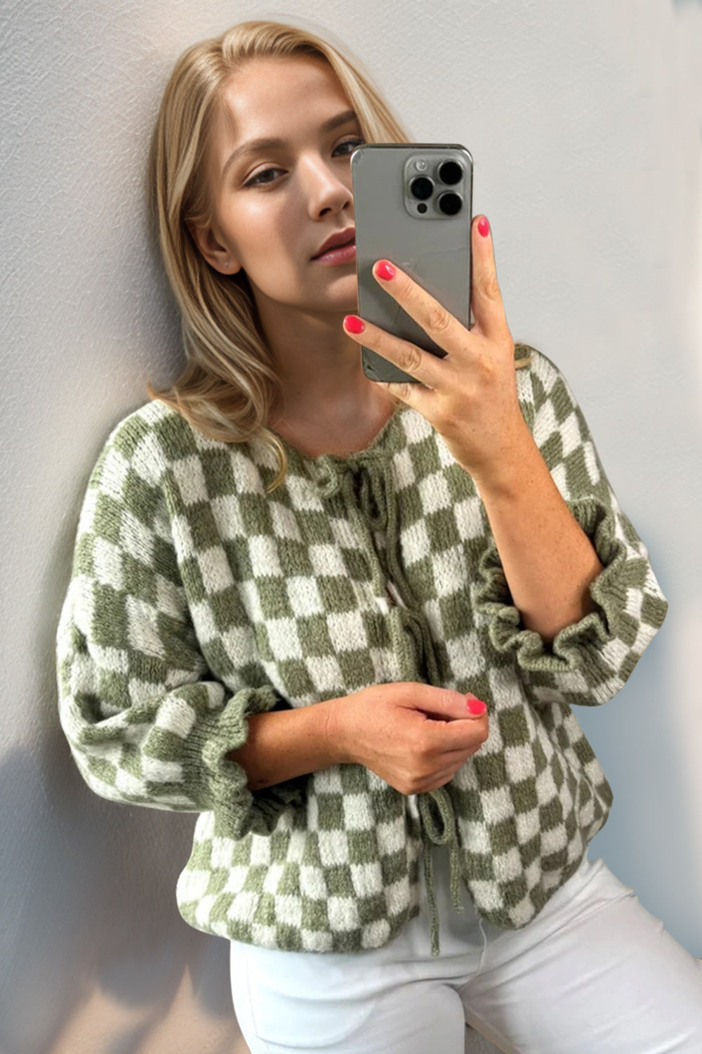 Back To School Sweater - Double Take Tied Checkered Dropped Shoulder Flounce Sleeve Cardigan