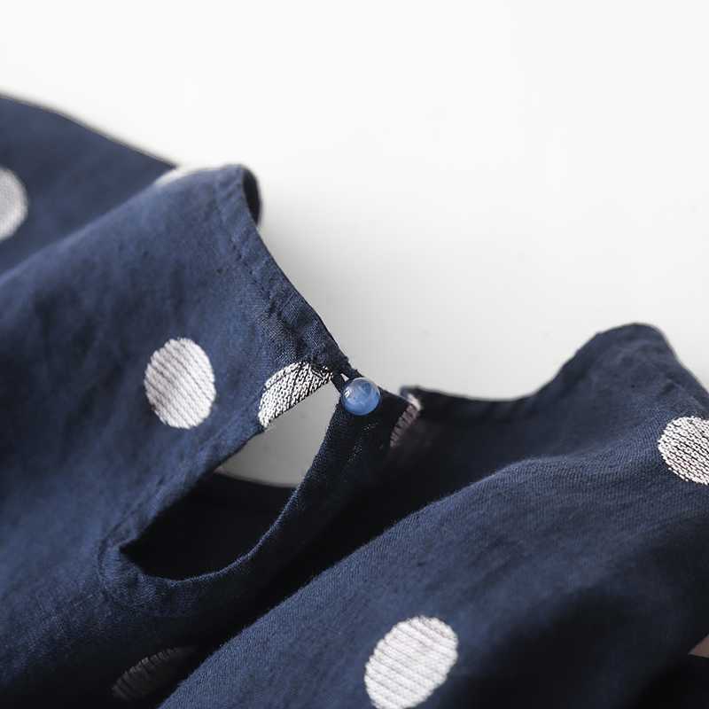Artistic Retro Blue Polka-Dot Dress Crew-Neck Long-Sleeve French-Elegance Cotton-Linen Jumper Dress