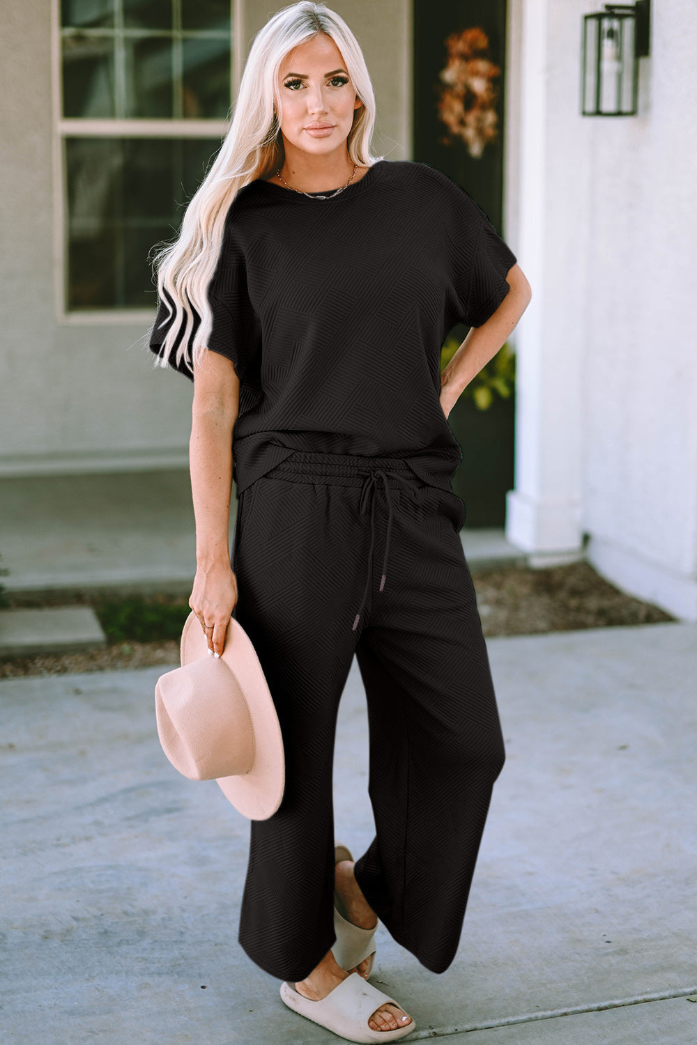 Textured Drawstring Waistband Pants and Top Set