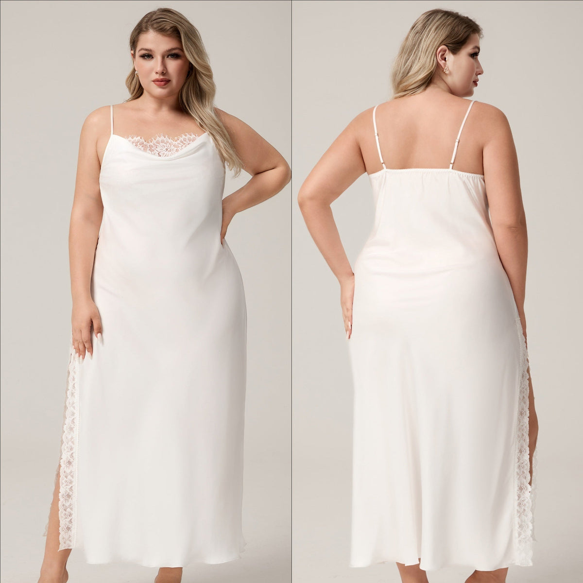 Plus Size Satin Chiffon Camisole Lace Sleepwear Sexy Nightgown