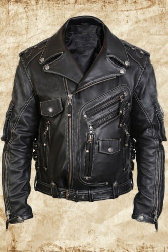 Men's Leather Jacket with Zipper and Multi-Pockets
