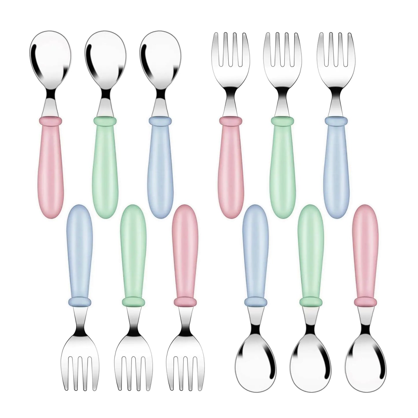 12 Pack Toddler Spoons and Forks Stainless Steel Baby Utensils Kids Cutlery Toddler Silverware Set with Round Handle for Self Feeding Safe Flatware Dining Lunch Box Home Kitchen