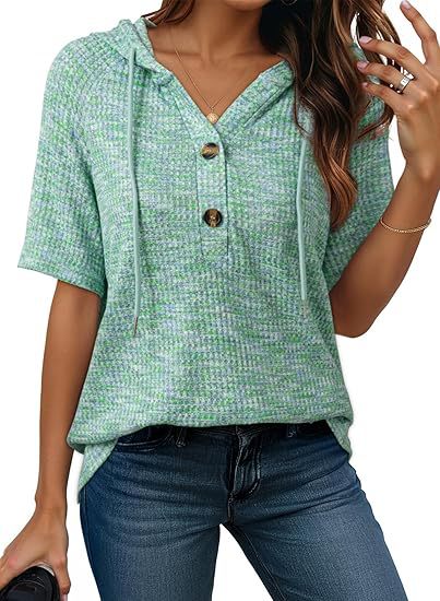 Short-sleeve Buttoned V-neck Waffle-knit Hooded Top