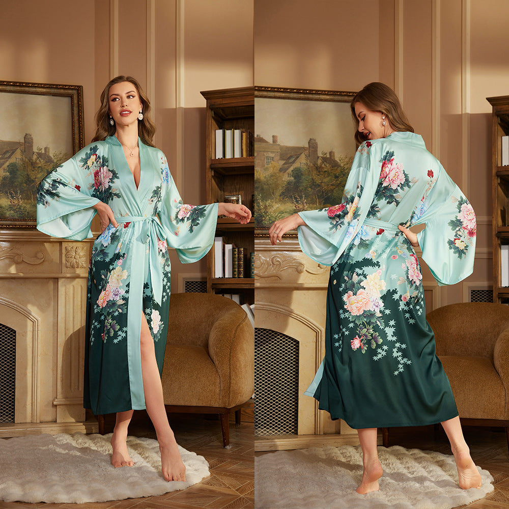 Satin Womens Nightgown Long Bathrobe Long Sleeve Sleepwear