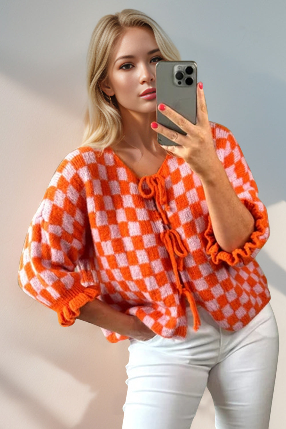 Back To School Sweater - Double Take Tied Checkered Dropped Shoulder Flounce Sleeve Cardigan