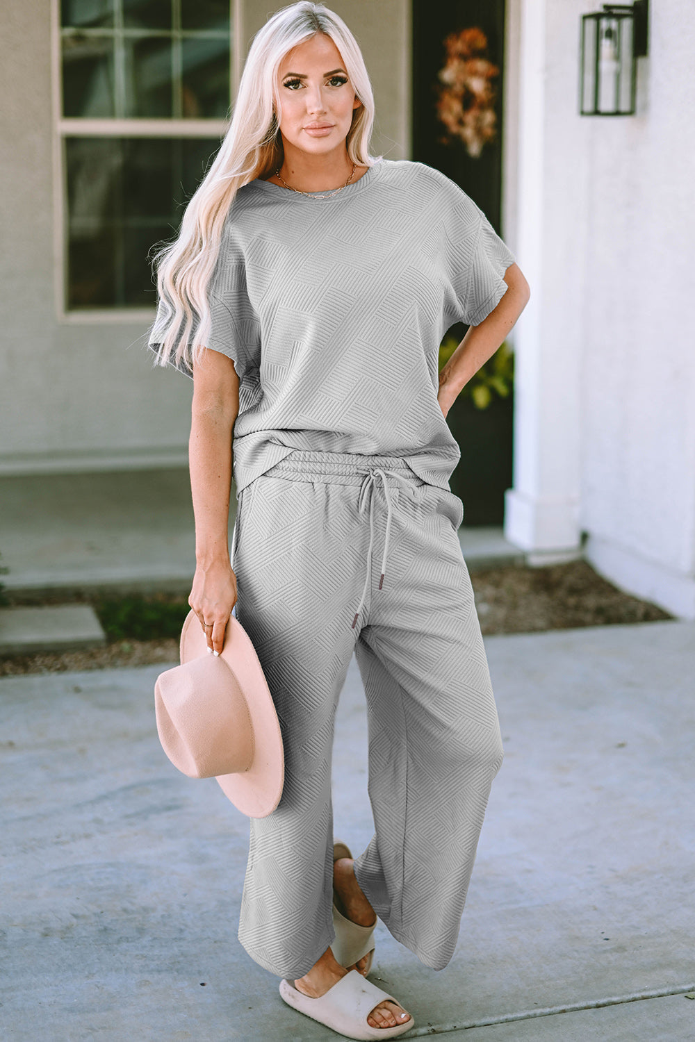 Textured Drawstring Waistband Pants and Top Set