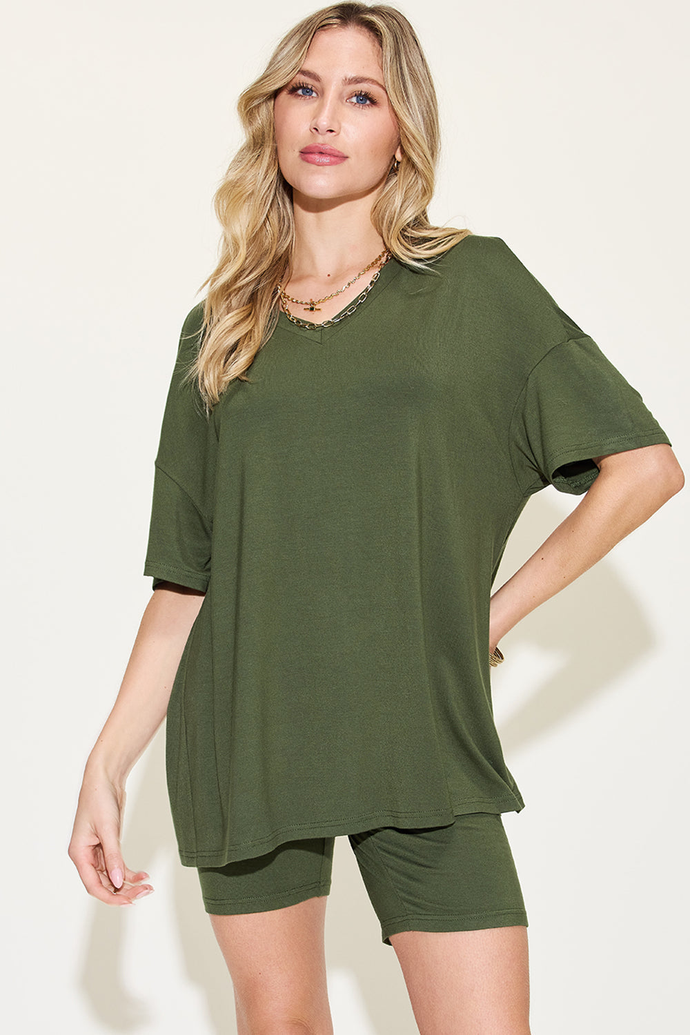Relaxed Fit Rayon V-Neck Tee & Shorts Set
