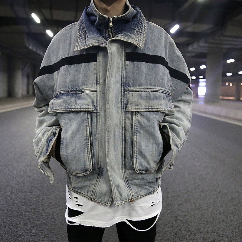 Vintage Wash Denim Jacket with Layered Collar for Men