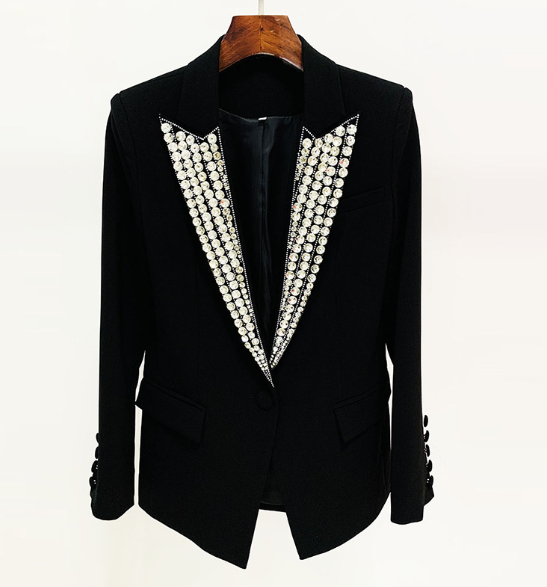 Women's Rhinestone Beaded One Button Slim Blazer Jacket