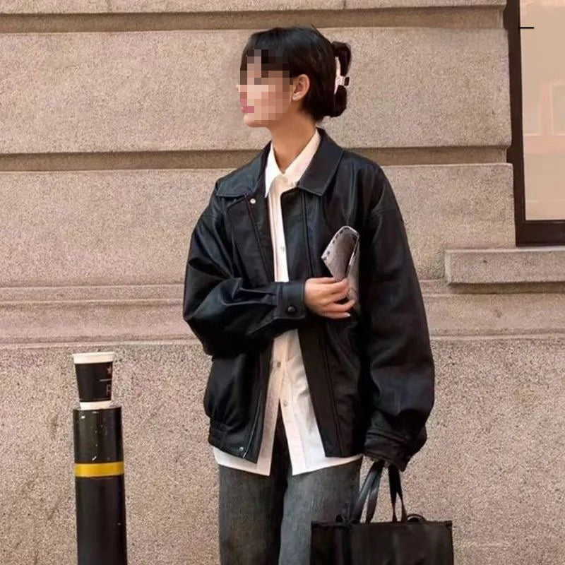 Women's Spring And Fall American Retro Loose Black Motorcycle Leather Jacket