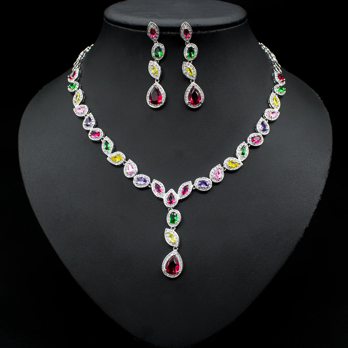 Colorful Zircon Necklace Earrings Set: wedding jewelry set