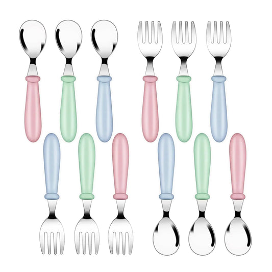 12 Pack Toddler Spoons and Forks Stainless Steel Baby Utensils Kids Cutlery Toddler Silverware Set with Round Handle for Self Feeding Safe Flatware Dining Lunch Box Home Kitchen