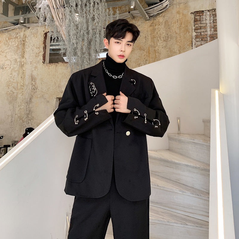 Black Iron Ring Decor Stylish Suit Jacket and Loose Blazer