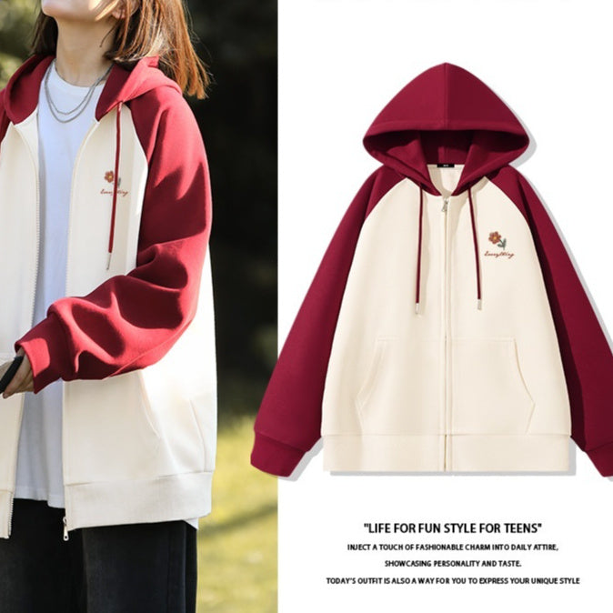 New Contrast Color Women's Clothing Winter Fleece-lined Casual Cardigan Coat Outerwear Women