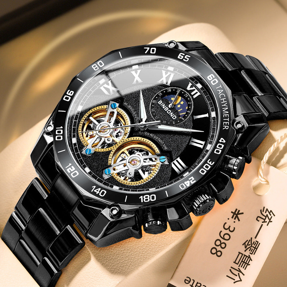 Double Men's Multi-function Skeleton Semi-Automatic Watch