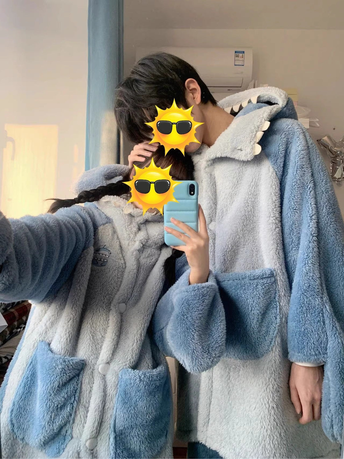 Shark Coral Fleece Couple Pajamas Women Can Wear Outside