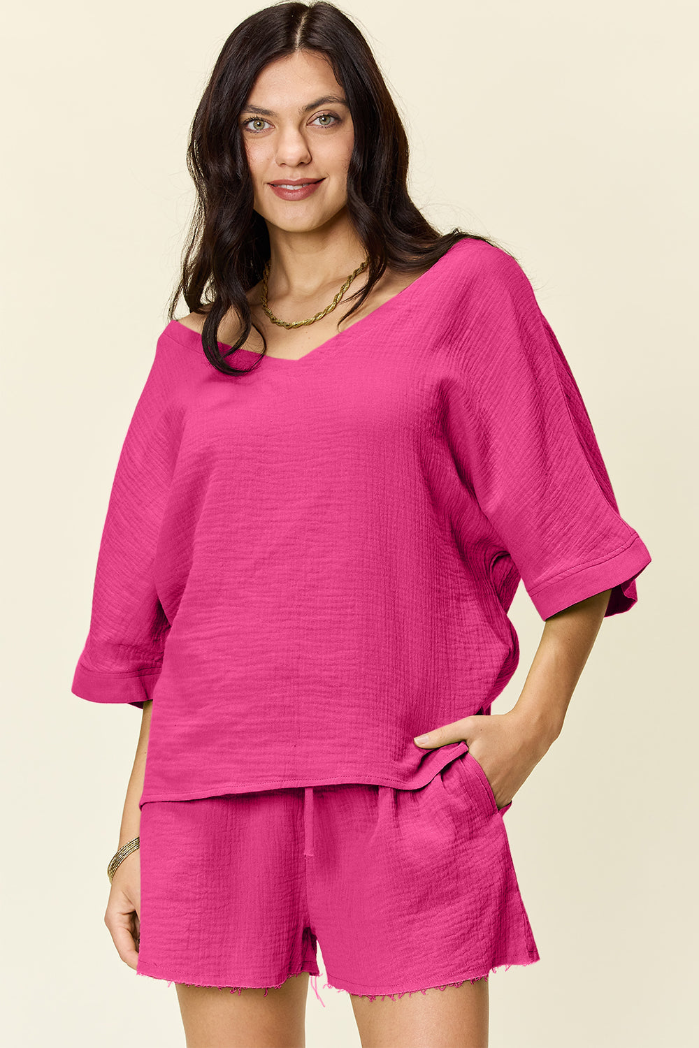 Textured Cotton T-Shirt and Drawstring Shorts Set