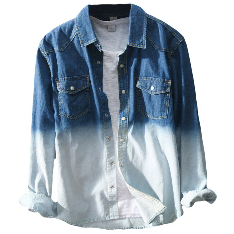 Men's Gradient Color Denim Shirt Jacket with Pockets