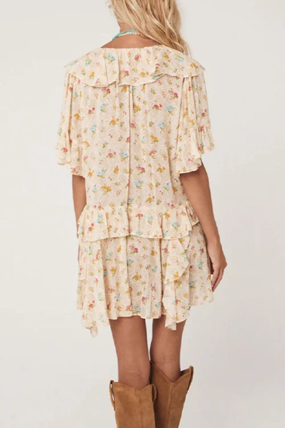 Boho Floral Tassel Tie V Neck Ruffle Wide Sleeve Mini Dress