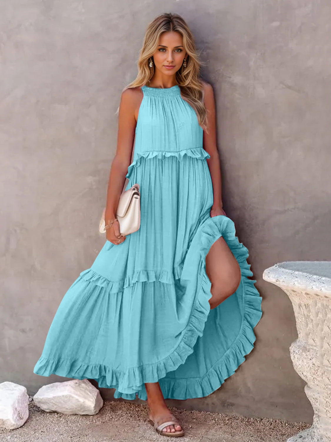 Smocked Tiered Maxi Dress with Pockets