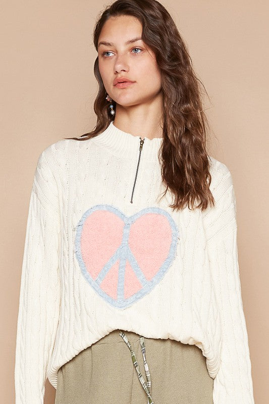 Back To School Sweater - POL Cable-Knit Peace Patch Dropped Shoulder Sweater