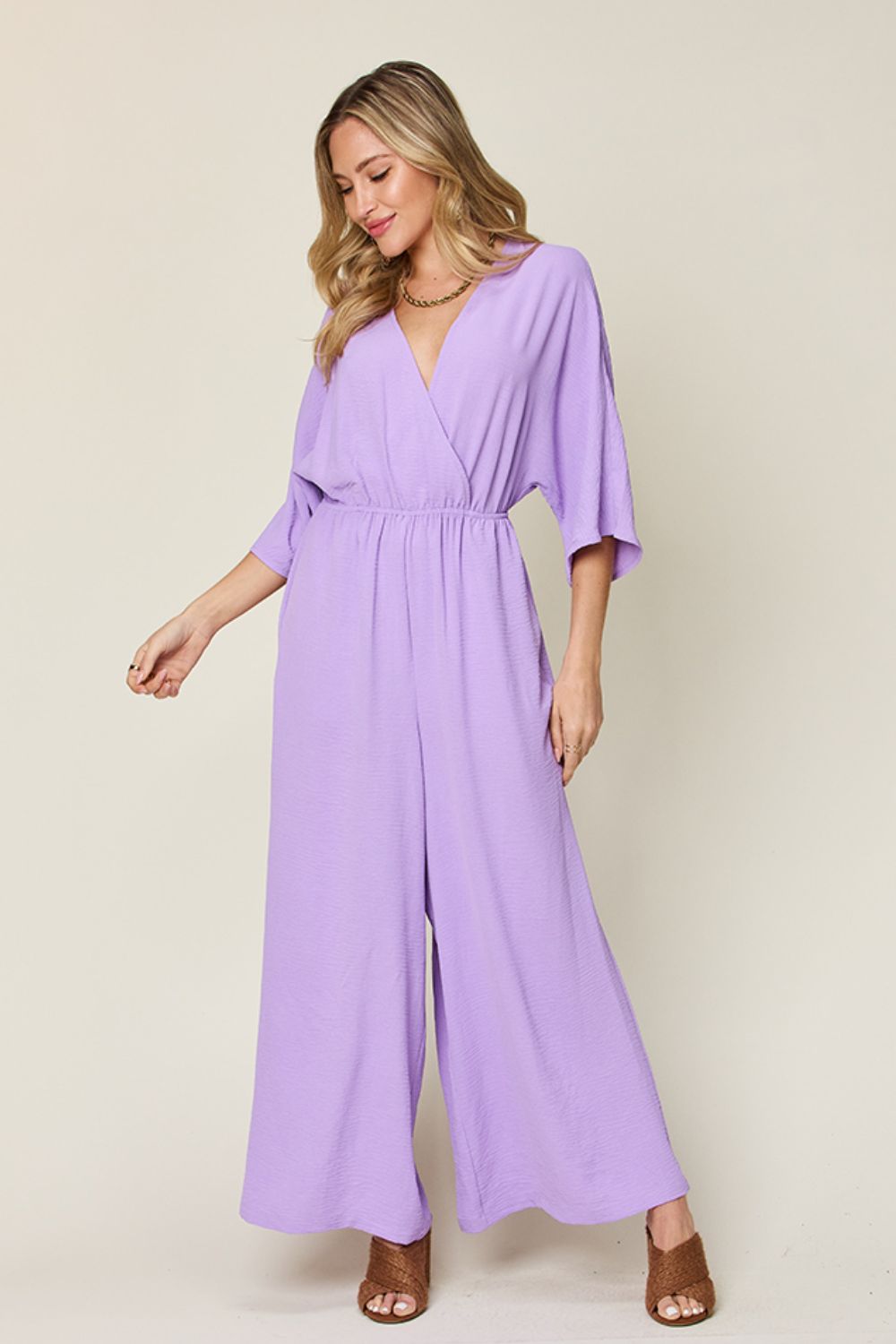 Tie-Waist Jumpsuit with Wide Legs and Short Sleeves