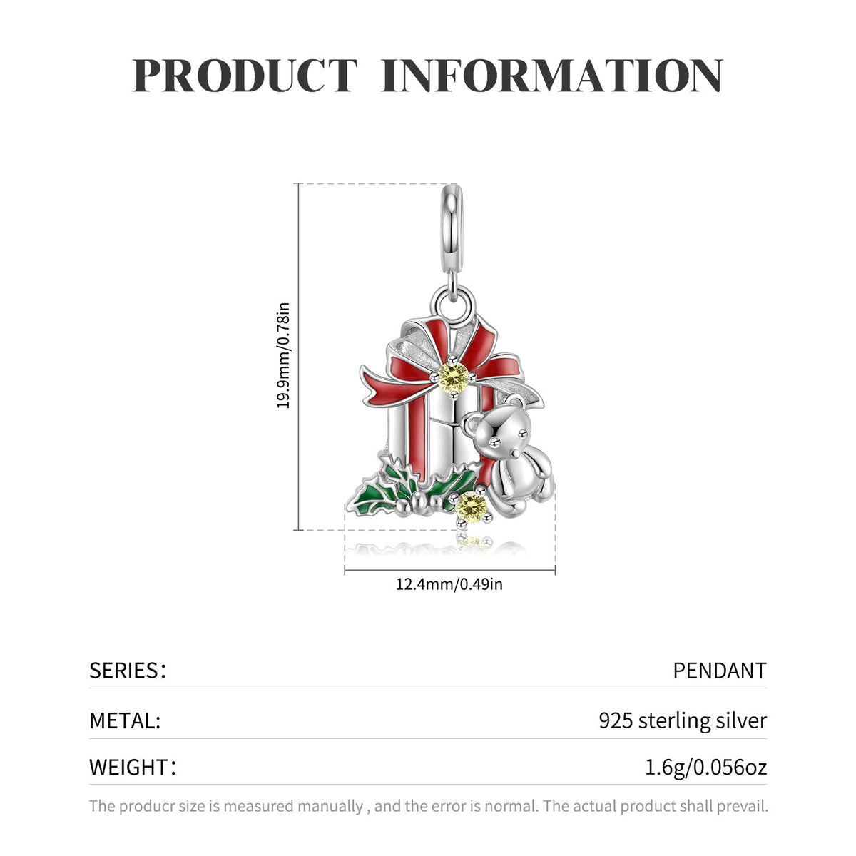 925 Sterling Silver Bear Bell Necklace Fashion Christmas Jewelry