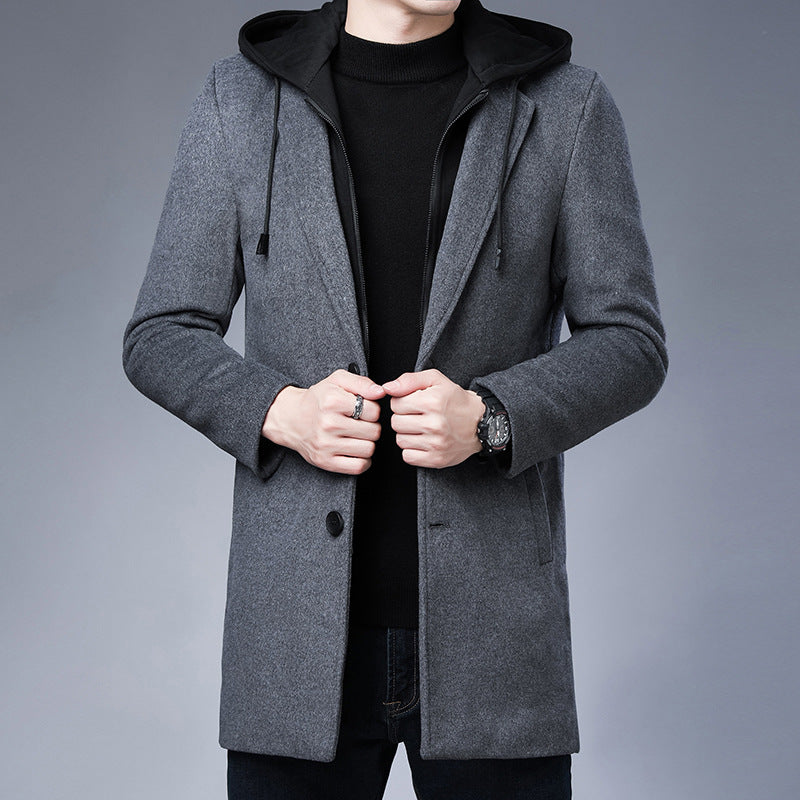 Men's Mid-Length Detachable Hooded Wool Coat Jacket