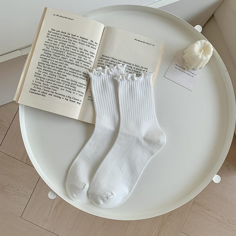 Solid-color Ruffle-trimmed Socks For Women