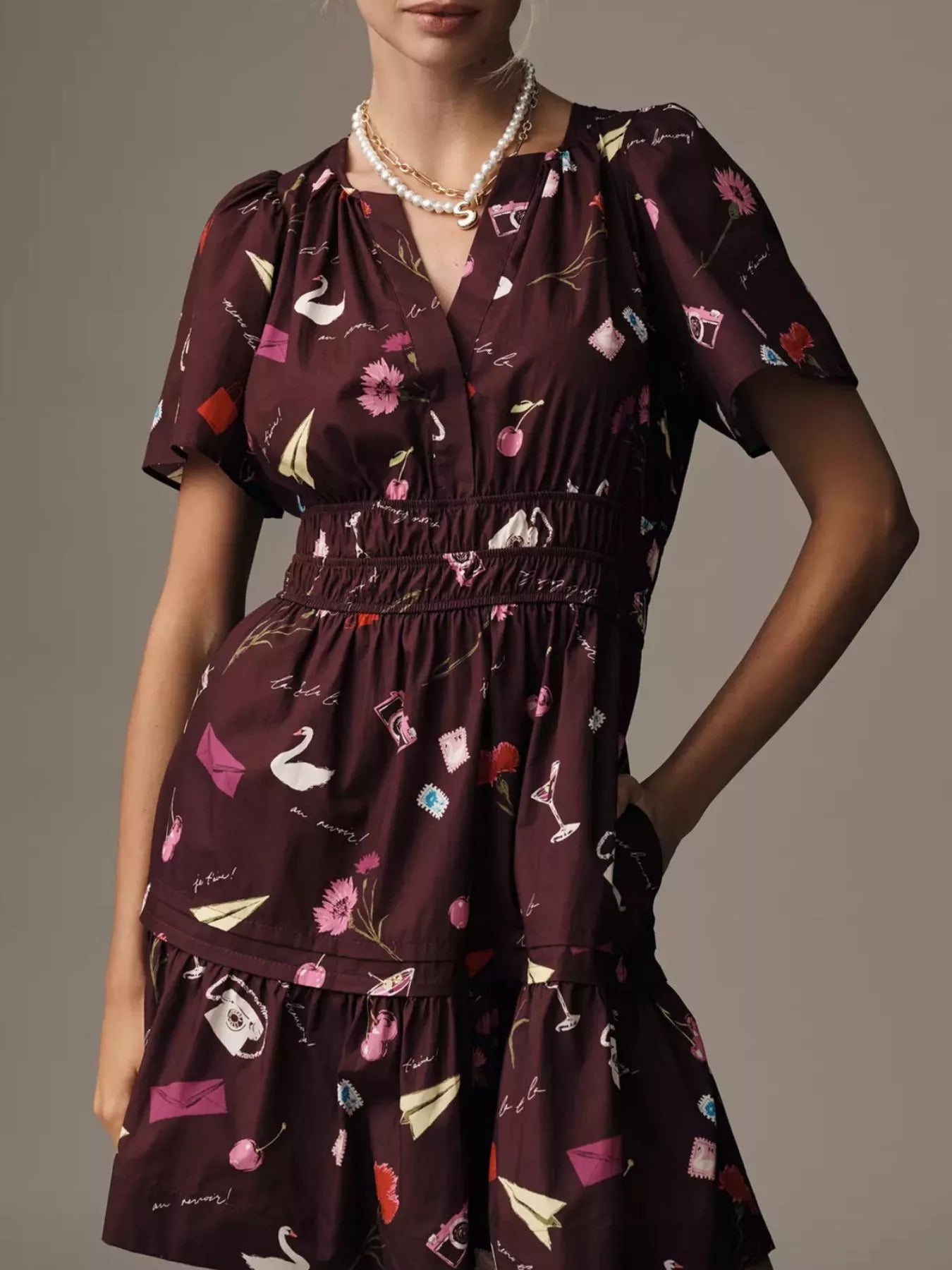Printed Notched Short Sleeve Dress