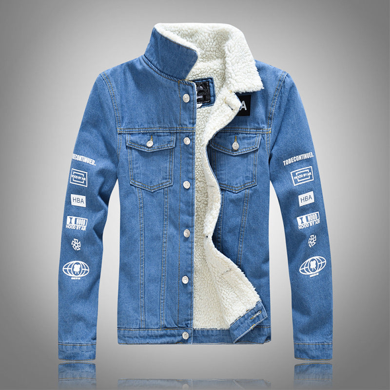 Trendy Slim-Fit Thick Denim Jacket in Lamb Velvet