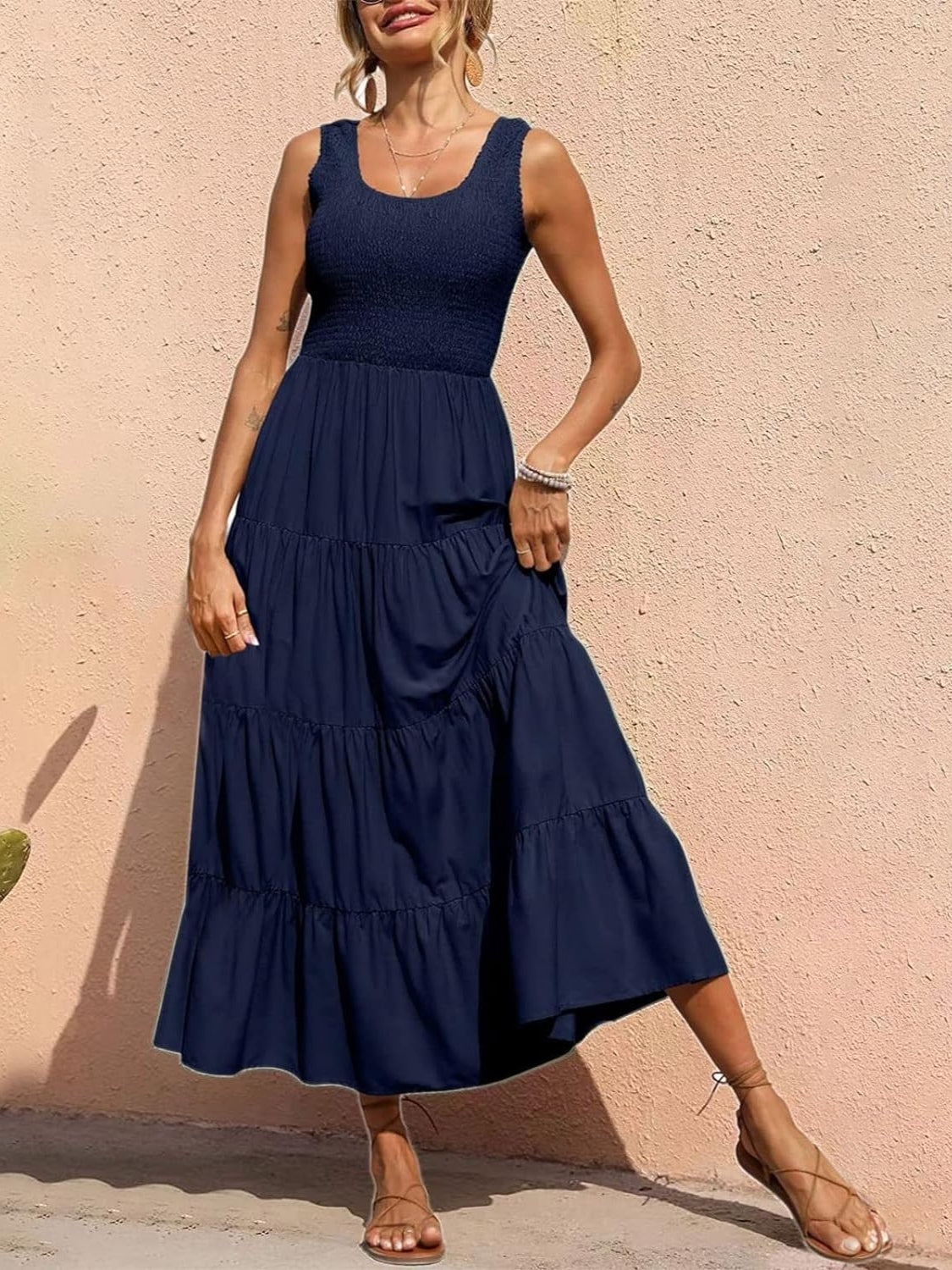 Smocked Tiered Midi Dress with Wide Straps