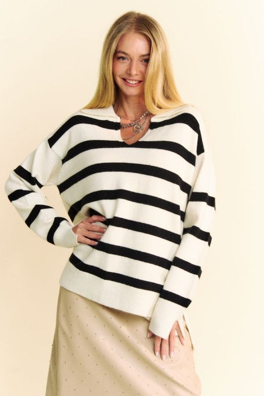 Back To School Sweater - Davi & Dani High-Low Side Slit Striped Johnny Collar Sweater