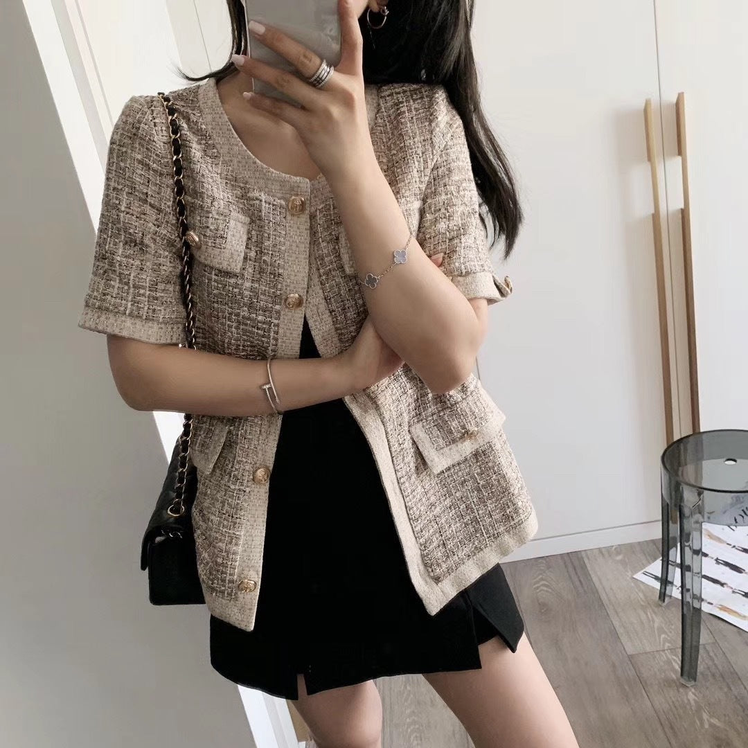 Casual Short Sleeve Jacket for Women, Tweed Style