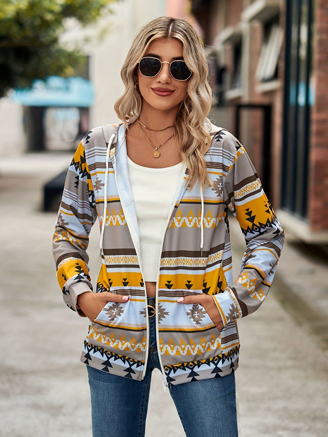 Geometric Hooded Sweatshirt Jacket