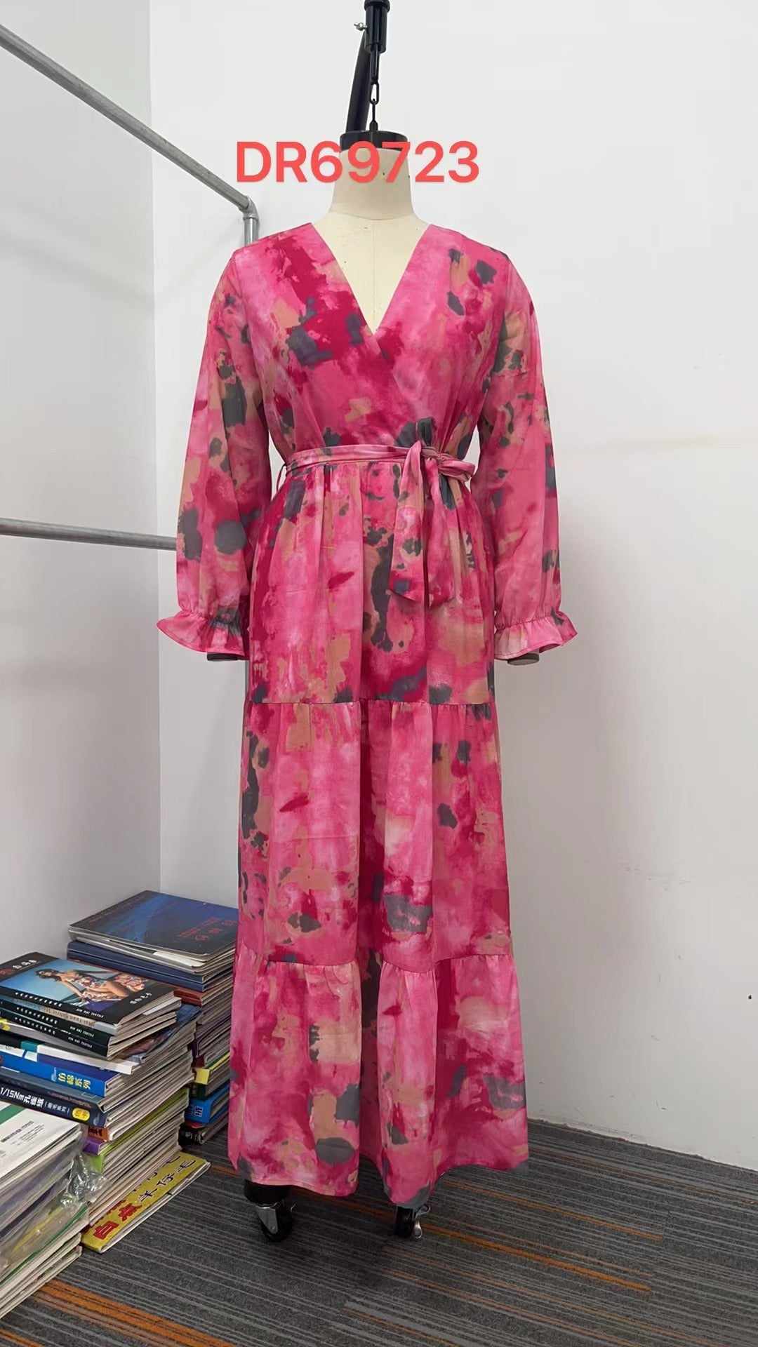 Long-sleeved Floral Print Dress Elegant V-neck Pleated High-waisted Big Swing Chiffon Maxi Dresses For Women Clothing