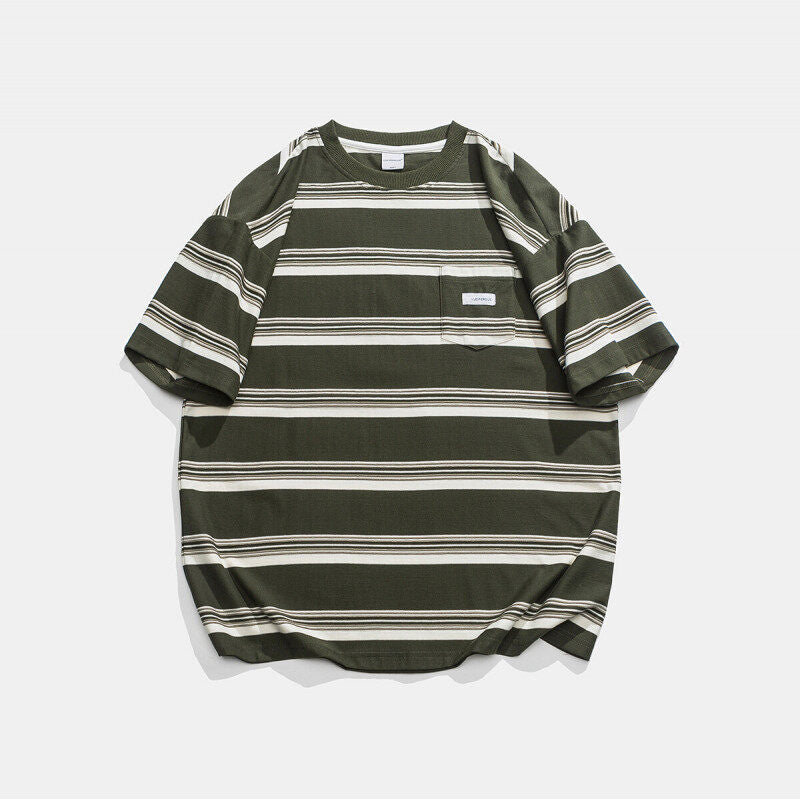 Casual Loose Striped Pocket Round Neck T-shirt