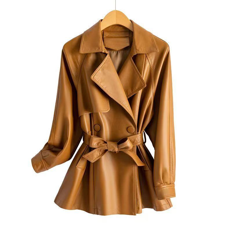 Women's Leather Clothing Large Size Loose Wind-breaker Waist Figure Flattering Leather Jacket