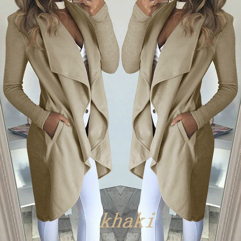 Women's Plus Size Solid Color Polo Collar Slim Fit Long Trench Coat
