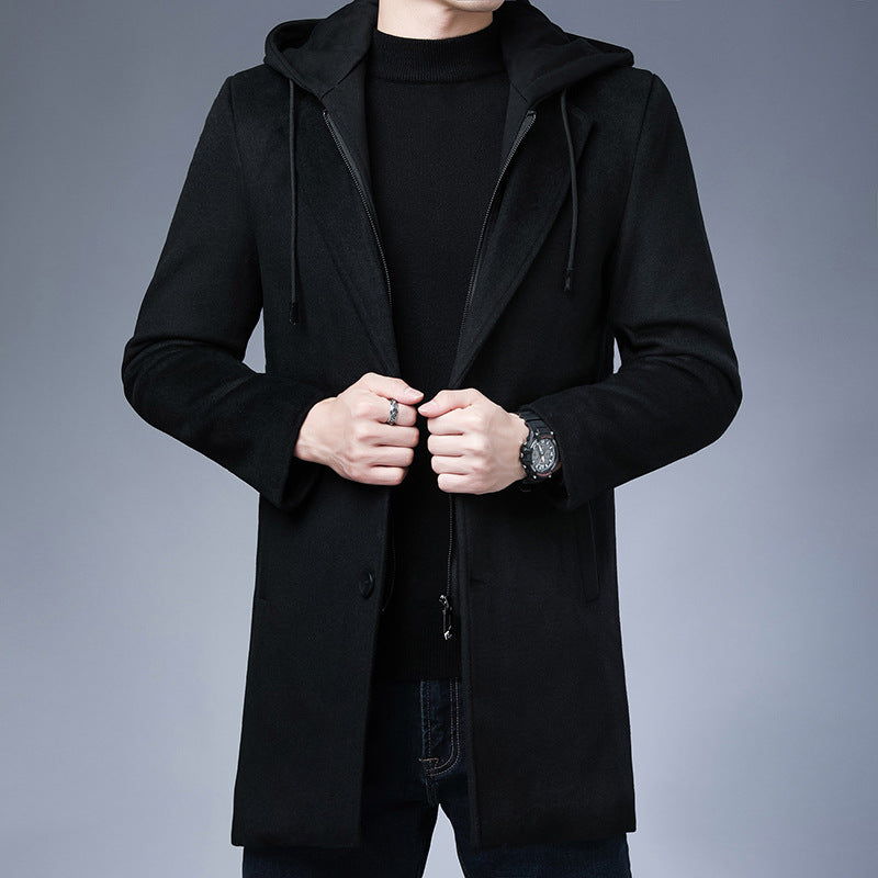 Men's Mid-Length Detachable Hooded Wool Coat Jacket