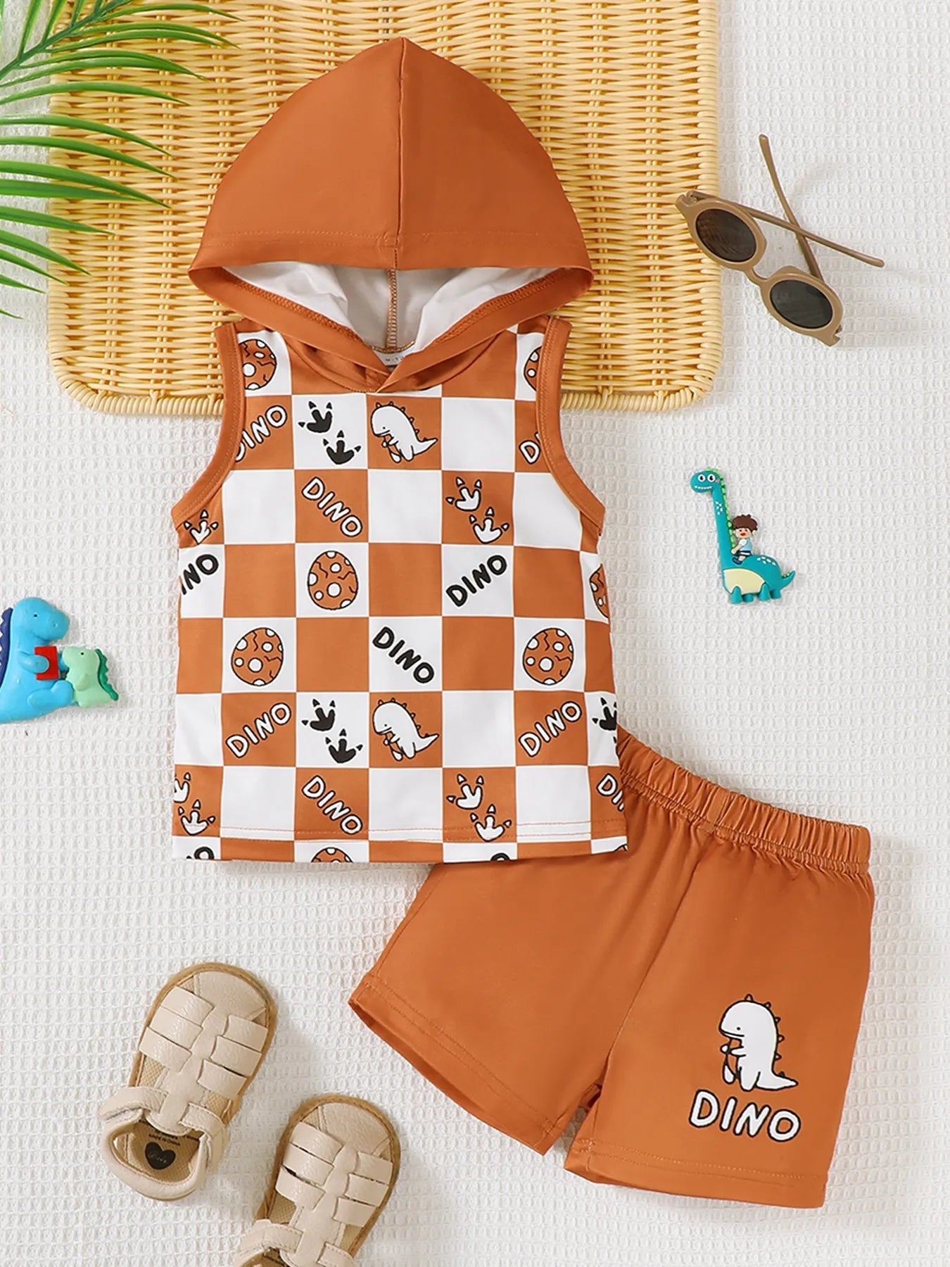 Children's Dinosaur Checkered Sleeveless Hooded Top and Shorts Set