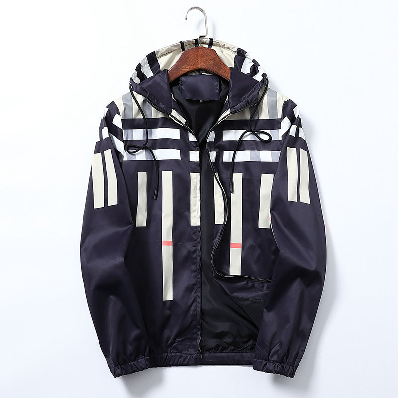 Men's Casual Trench Jacket with Stripe Plaid Print