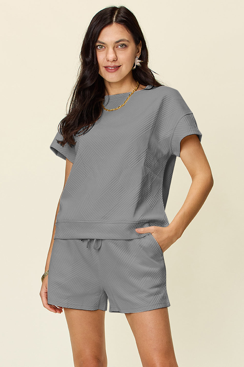 Textured Drawstring Shorts and Tee Set